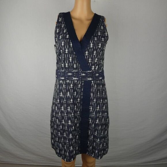 J. Crew Navy Faux Wrap Tie Sleeveless Mini Dress Cotton Linen Trim Ikat Size 2 - Picture 1 of 13